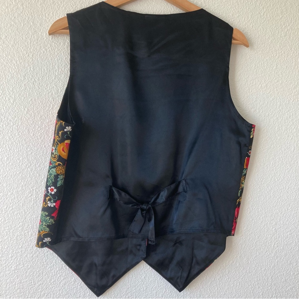Vintage Boho Vest Novelty Christmas Holiday Floral Medium Black Red Cottagecore - Picture 11 of 16